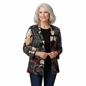 Chicos Black Red and Gold Stretch Cardigan Jacket